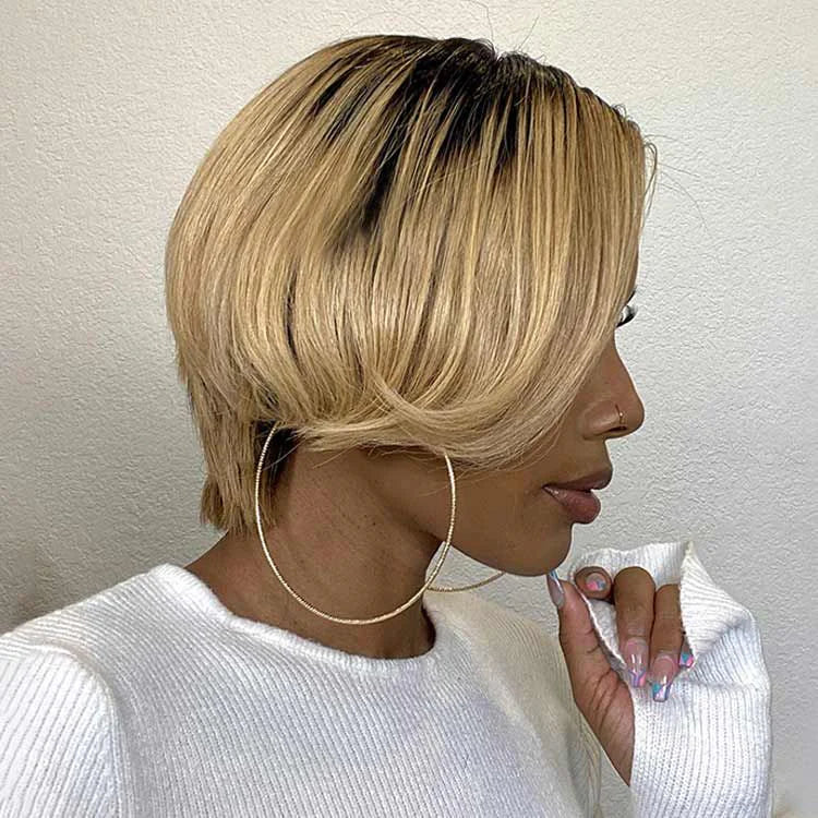 13x1 T Part Short Pixie Cut Lace Wig T1B/27 Human Hair