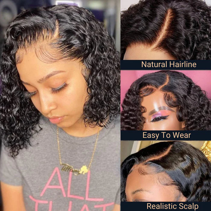 Double Drawn Water Wave Short Bob 13x4 Lace Frontal Wig Wet and Wavy Human Hair